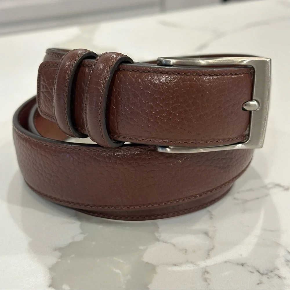 Perry Ellis Portfolio Mens Brown Leather Belt Silver Buckle Sz 36 Career Casual